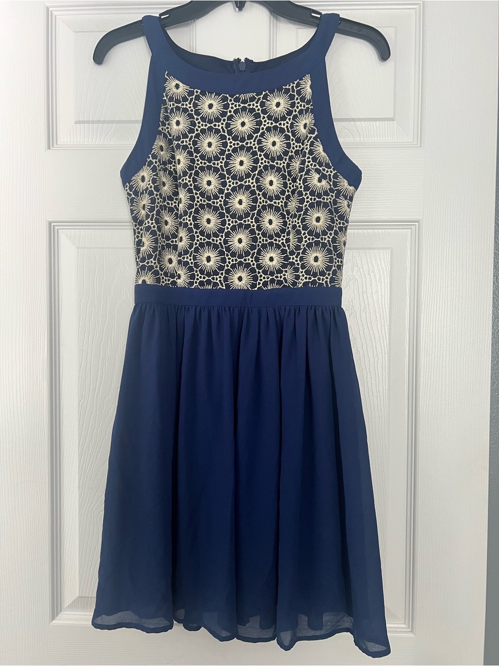 Navy Blue Floral Chiffon Dress